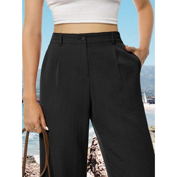 Airmenty Womens Casual Wide Leg Pants High Waisted Button Down Straight - Picture 2 of 5